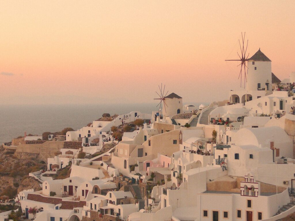 Sunset view over the town of Oia on the Cycladic island of Santorini