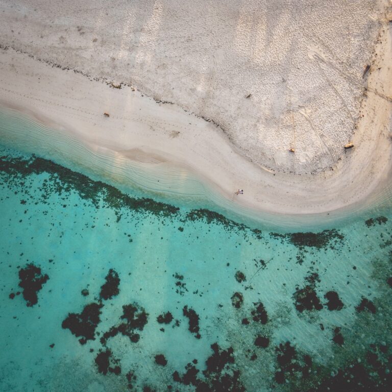 Aerial view of a beach and turquoise sea in the Philippines